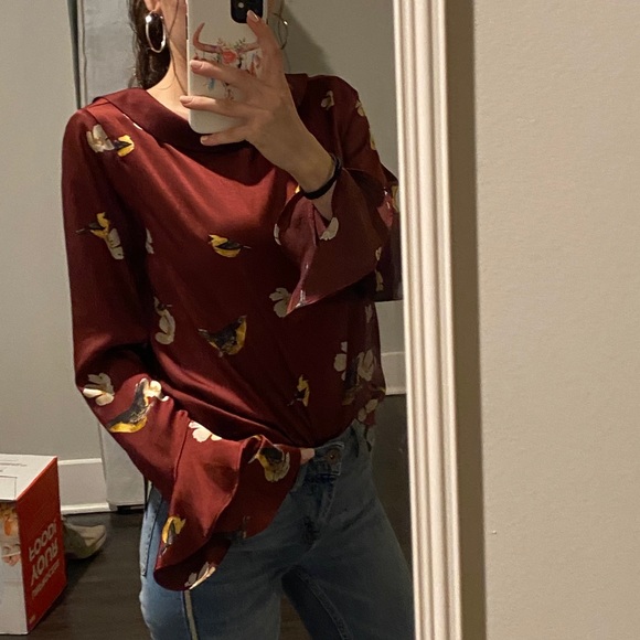 Zara Bird Print Ruffle Sleeve Blouse - Picture 3 of 11